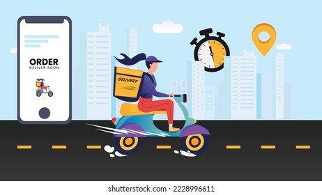 Delivery girl ride a bike with a skyline background grab fast food and deliver to your doorstep. Phone showing that your order will deliver soon