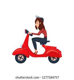 Delivery girl riding scooter. Fast Delivery service by courier. Vector cartoon character illustration. Delivery concept.