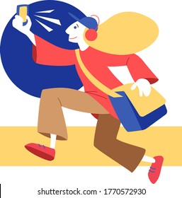 Delivery girl running with package. Mobile app delivery service