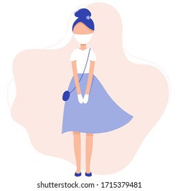 Delivery girl safe ordered. Quarantine coronavirus epidemic. Courier protected medical mask and gloves. Safe food delivery and stay home.