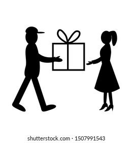 Delivery.Man giving box woman.Vector illustration in flat style.Black and white icon