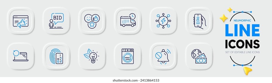 Iconos de entrega, de negocios globales y de línea de energía ecológica para aplicaciones web. Paquete de íconos del pictograma de sonido "Me gusta", "Tarjeta", "Silenciar". Subasta, energía, letreros de lavandería. Seo marketing, Recovery laptop, aplicación Info. Vector