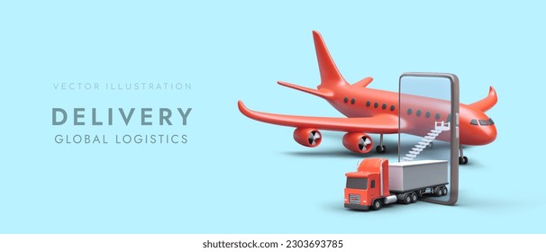 Delivery of global cargo. Complex international logistics. Air and ground transportation. 3D plane, truck and smartphone in bright saturated color. Advertising of online services