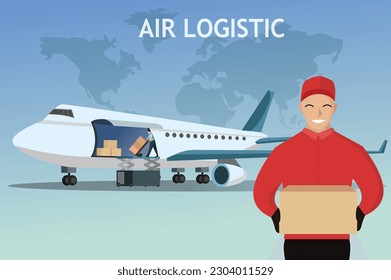 Delivery global logistic with airplane vector illustration, air delivery transportation, air logistic for international, air freight logistic with delivery man holding package, delivery website design