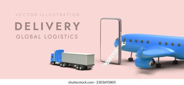 Delivery global logistics. Cargo transportation chain, change of vehicles. Different types of shipment. Services for delivery of oversized goods. Advertising template with 3D figurines. Order by phone