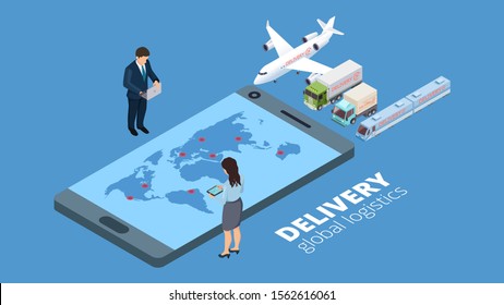 Delivery global logistics. Delivery strategy concept. Isometric businesspeople plan shipping online vector illustration