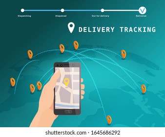 Erbringen Sie einen globalen Tracking-System Service online isometrischen Design mit Marker Fracht auf Karte Erde. Handhalten Sie Smartphone mit GPS-Navigationskarte App. Intelligentes Logistik- und Transportkonzept. Vektorillustration