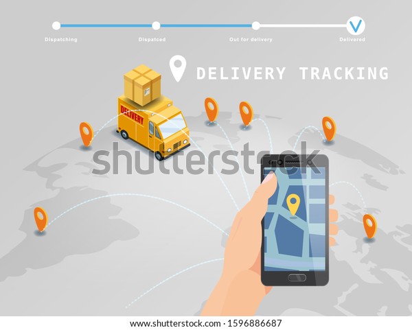 Delivery Global tracking system service online\
isometric design with truck, boxes on map Earth. Hand hold\
smartphone with GPS navigation map app. Smart logistics and\
transportation concept.\
Vector