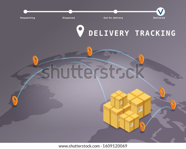 Delivery Global tracking system service online\
isometric design with boxes, markers on map Earth. Smart logistics\
and transportation concept. Vector isolated illustration web,\
banner, ui, mobile\
app