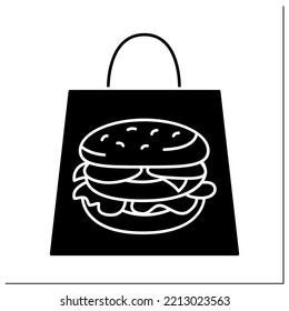 Delivery glyph icon. Tasty burger inside packet. Fast delivery from cafe. Unhealthy food. Fast food concept. Filled flat sign. Isolated silhouette vector illustration