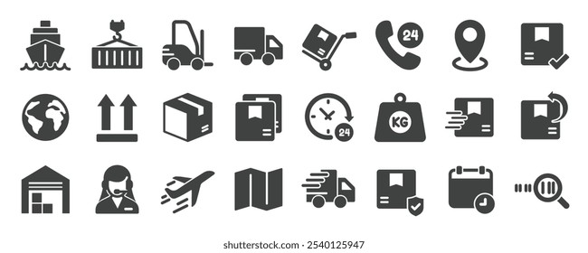 Colección de iconos sólidos de glifo de entrega. Contiene envío, mensajería, logística, almacén, carga. Icono mínimo y Ilustración vectorial de la serie de símbolos