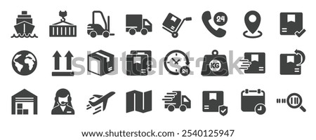Delivery glyph solid icons collection. Containing shipping, courier, logistic, warehose, loading. Minimal icon and symbol series vector illustration