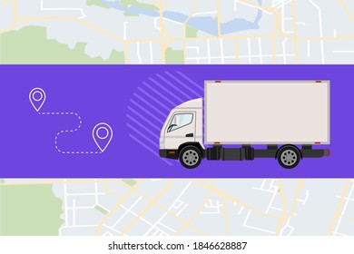 Delivery of goods around the city. Cargo van on the background of the city map, place label. Vector illustration