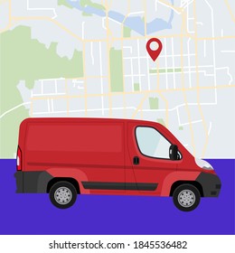 Delivery of goods around the city. Minivan on the background of a city map, place mark. Vector illustration