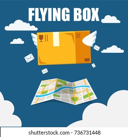 delivery of goods, box with wings on the map