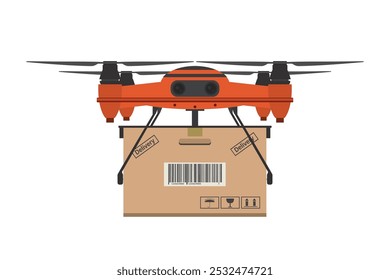 Entrega de mercancías al comprador. drone de la entrega con la caja del paquete. Futuro transporte tecnológico, logístico. Diseño en estilo de moda aislado en el fondo blanco, Ilustración vectorial