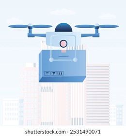 Lieferung der Ware an den Käufer. Lieferservice, Drohne mit Paketkasten. Zukünftiger Technologietransport im trendigen Stil. Städtische Ansicht auf Hintergrund. Vektorgrafik
