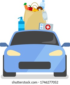Delivery of goods by car. Buy food and medicine. Paper bag with products. Go shopping. Purchases on the roof of the car.
