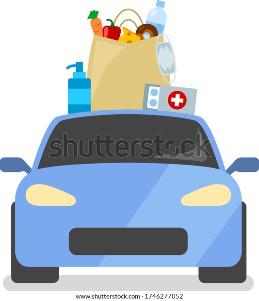 Delivery of\
goods by car. Buy food and medicine. Paper bag with products. Go\
shopping. Purchases on the roof of the\
car.