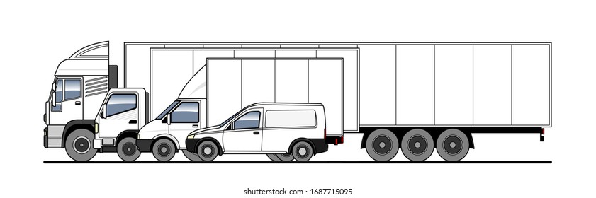 Delivery of goods and goods by different trucks, cargo. Vector set. Trucks in the parking lot side view. White blank truck template for advertising