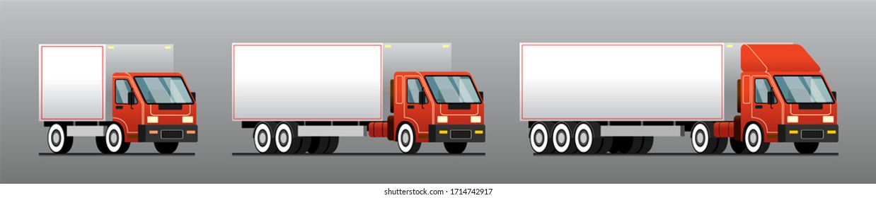 Entrega de mercancías y mercancías por diferentes coches, carga. Conjunto de vectores. coches de dibujos animados de diferentes tamaños, vista lateral. Plantilla para publicidad, banner.