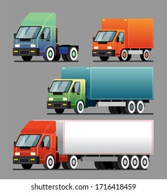 Delivery of goods and goods by different trucks, cargo. Vector set. Cartoon trucks of different colors and sizes, side view. Template for advertising