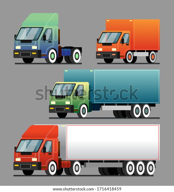 Delivery of goods and goods by different\
trucks, cargo. Vector set. Cartoon trucks of different colors and\
sizes, side view. Template for\
advertising