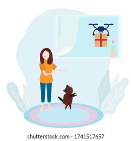 Delivery of goods by drone. The customer is waiting for the goods. Vector illustration.