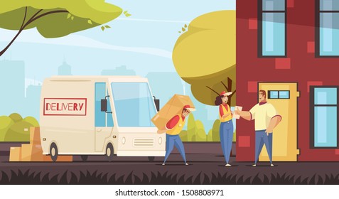 Delivery goods composition with cityscape scenery and logistics shipping service doodle style human characters with van vector illustration