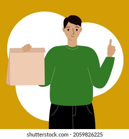 Delivery of goods concept. Courier with a box in one hand and the other hand shows the gesture ok. Vector flat illustration.