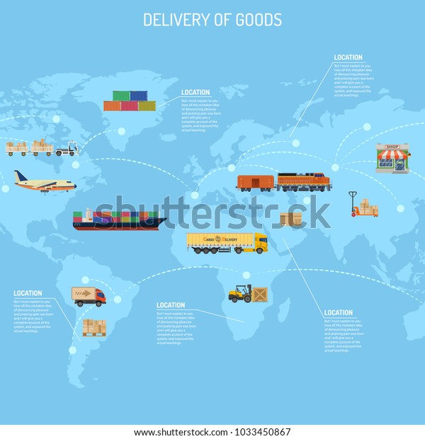 Delivery of Goods Concept with Railway\
Freight, Air Cargo, Maritime Shipping and Trucking in Flat style\
icons. Vector\
illustration