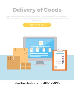 Delivery of goods concept web banner. Flat style. Logistic concept with cardboard boxes, program interface on screen, tablet. Illustration for delivery, retail companies and services web pages design.