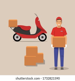 Delivery of goods. Courier in gloves with box in hands. Full length man with delivery motorbike in the background. Vector illustration.