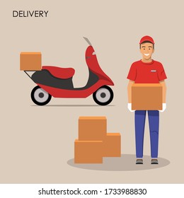 Delivery of goods. Courier in gloves with box in hands. Full length man with delivery motorbike in the background. Vector illustration.