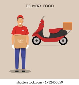 Delivery of goods. Courier in gloves handing food package. Full length man with delivery motorbike in the background. Vector illustration.
