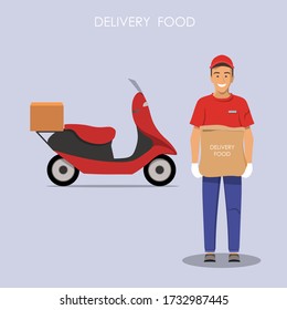 Delivery of goods. Courier in gloves handing food package. Full length man with delivery motorbike in the background. Vector illustration.