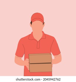 Lieferung von Waren Courier ohne Gesichtsmaske mit einer Schachtel in den Händen. Portrait von der Vorderseite und die Taille nach oben. Lieferant Mann in roter Uniform Kurierdienst Konzept Vektorgrafik.