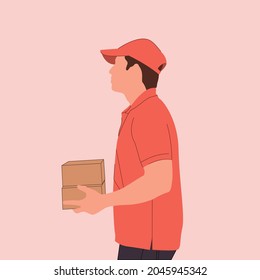 Delivery of goods Courier without face mask with a box in his hands. Portrait from the left side and waist up. Delivery man in red uniform courier service concept vector flat illustration.