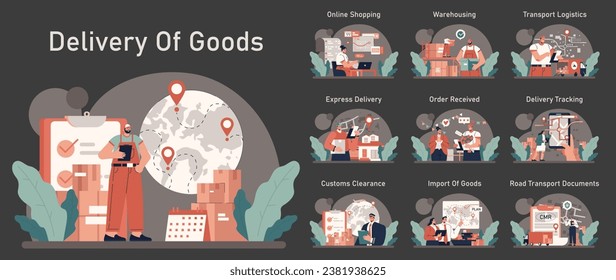 Delivery of goods dark or night mode set. Warehousing, logistics and delivery of customer' order. Transportation and distribution service. Flat vector illustration