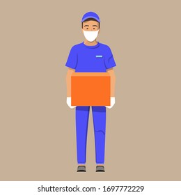 
Delivery of goods during coronavirus prevention. Courier in mask and gloves with box in hands. Full length man. Vector illustration