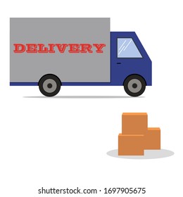 Delivery of goods during coronavirus prevention. Contactless delivery under the door. Delivery machine in the background. Vector illustration