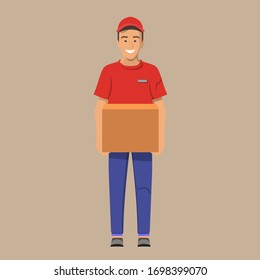 
Delivery of goods during coronavirus prevention. Courier with box in hands. Full length man. Vector illustration