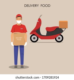 Delivery of goods during coronavirus prevention. Courier in mask and gloves with paper bag with food in hands. Full length man with delivery motorbike in the background. Stock vector illustration.
