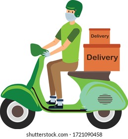 Delivery of goods during coronavirus prevention, Covid-19. A messenger with a face mask riding a motorcycle green and a box behind him. Flat vector illustration.