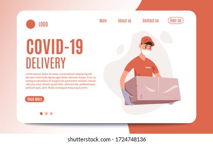 Delivery of goods during the prevention of coronavirus, Covid-19. Courier in a face mask with a box in his hands. Portrait from the waist up. Vector flat illustration