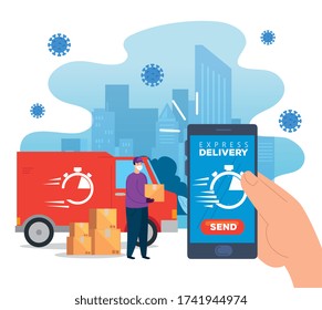 delivery of goods during the prevention of coronavirus, courier worker using face mask with delivery truck transportation vector illustration design