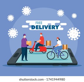 delivery of goods during the prevention of coronavirus, app smartphone with courier workers using face mask vector illustration design