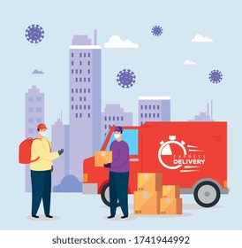 delivery of goods during the prevention of coronavirus, courier workers using face mask vector illustration design