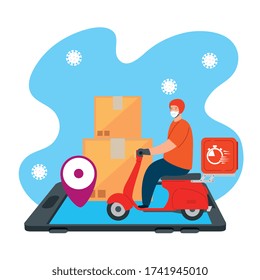 delivery of goods during the prevention of coronavirus, app smartphone logistic with courier worker using face mask in motorcycle vector illustration design