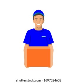 Delivery of goods during the prevention of coronavirus.Courier with a box in his hands. Portrait from the waist up. Vector illustration.